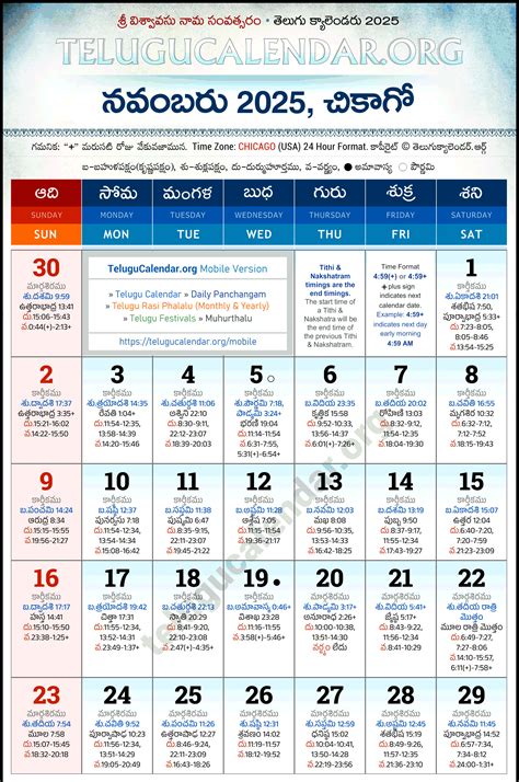 Chicago Telugu Calendar 2025 November PDF Festivals