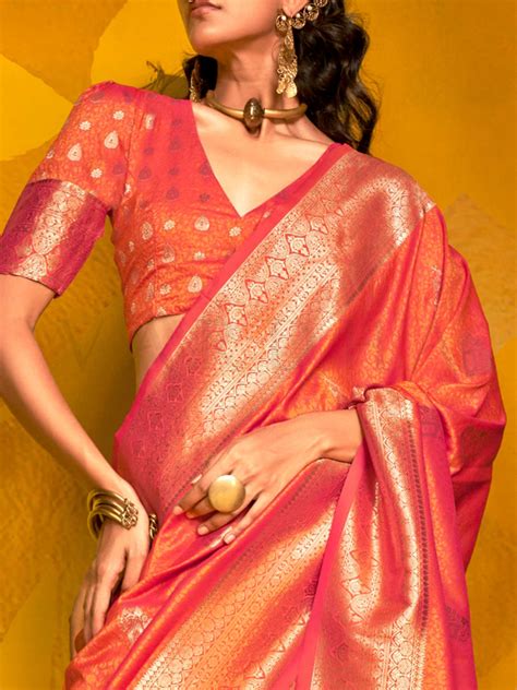 Coral Peach Satin Silk Saree with Woven Zari Work – House of Vardha