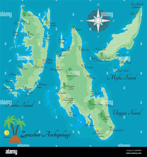 Zanzibar Archipelago. Realistic illustration of islands Unguja Island, Pemba Island, Mafia ...