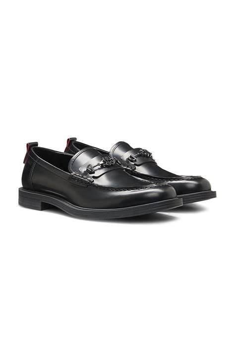 HUGO - Leather loafer with stacked-logo bit - Black