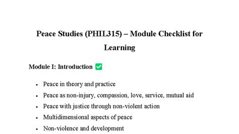 Peace Studies (PHIL315) Module I-IV Overview and Checklist - Studocu