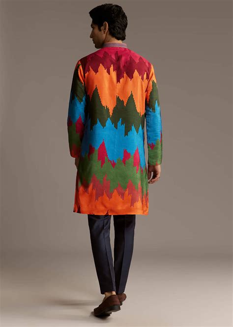 Poppy Multicolour Silk Kurta Set For Men With Vibrant Zigzag Print ...