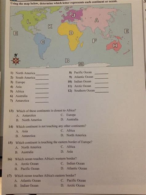 Using the map below determine which letter represents each continent or ...