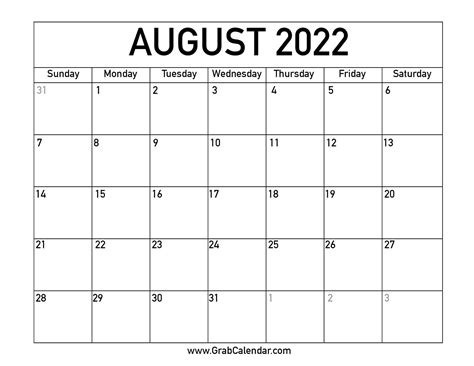 Printable August 2022 Calendar
