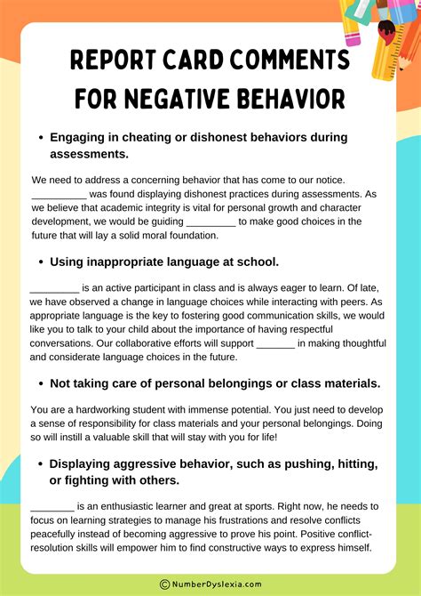 20 Negative Behavior Comments Examples for Report Card - Number Dyslexia