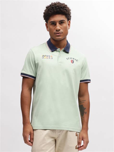 Shop Iconic Men Green Solid Polo Collar Short Sleeves T-Shirt Online ...