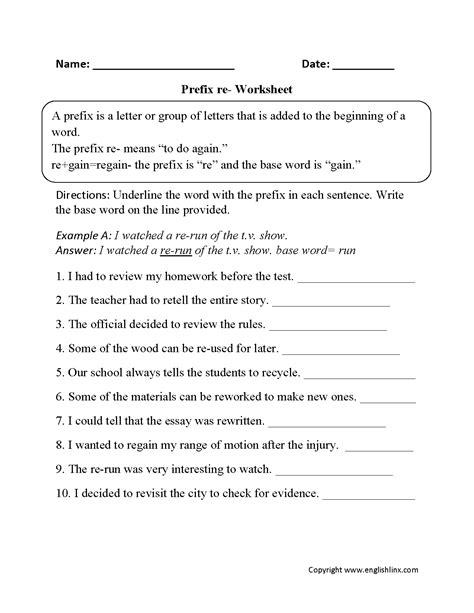 Prefixes Worksheets | Prefix re- Worksheet