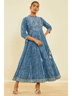 Buy Soch Blue Cotton Bandhani Print Dress Kurta With Mirror Work Online