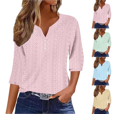 Fanxing Cutout Eyelet Tops for Women 3/4 Sleeve Shirts Hollow Out ...