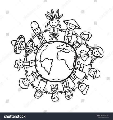 Vektor Stok Children Different Ethnicity Culture Holding Hands (Tanpa ...