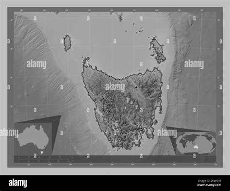 Tasmania, state of Australia. Grayscale elevation map with lakes and rivers. Locations of major ...