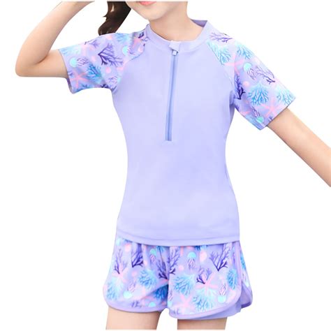 2 Piece Rash Guard Swimsuits for Girl Short Sleeve Zipper Bathing Suit ...