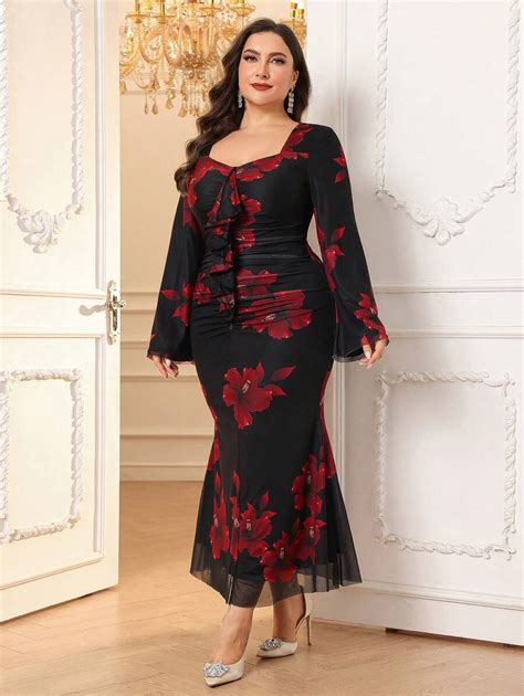 Modelyn Plus Size Elegant Floral Print Sweetheart Neck Ruffle Bell ...
