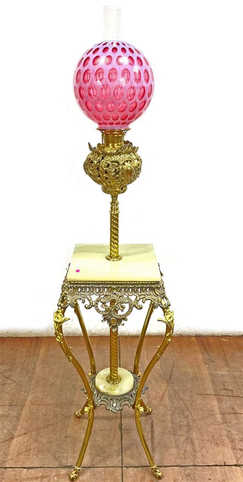 Lot - Antique Brass & Onyx Floor Table Lamp Combo