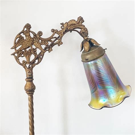 Art Nouveau Jadeite Glass and Iridescent Pulled Feather Shade Bridge ...
