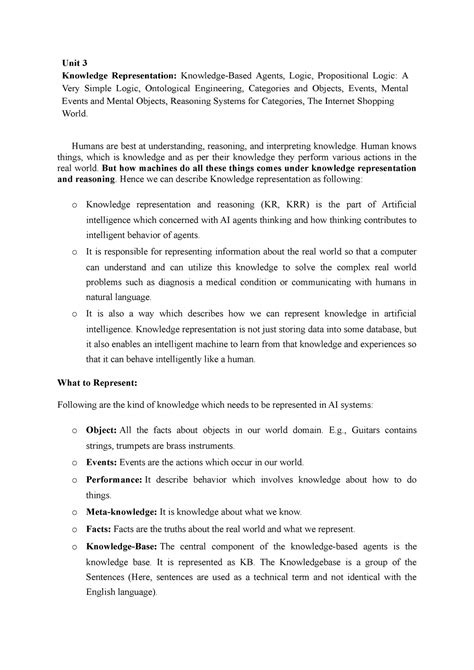 AI Unit 3 - Unit 3 - Unit 3 Knowledge Representation: Knowledge-Based ...