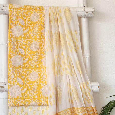 ROZANA - Pure Cotton Jaipuri Yellow With White Flower Jaal Suit – Sanskruti