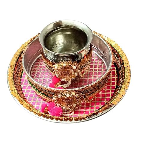 Pooja Ghar Karwa Chauth Gota Patti Pooja thali/Kalash, Chalni for Chand ...