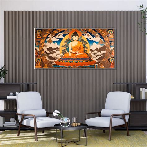 Handmade Buddhist Thangka painting with central figure in meditative ...