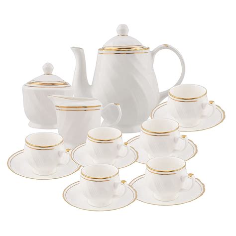 E - Ezra Bone China White Gold Tea Set Cup Saucer for Tea Coffee Latte ...