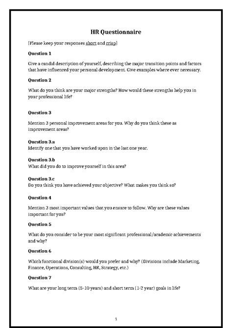 HR Questionnaire: Personal Development Insights and Reflections - Studocu