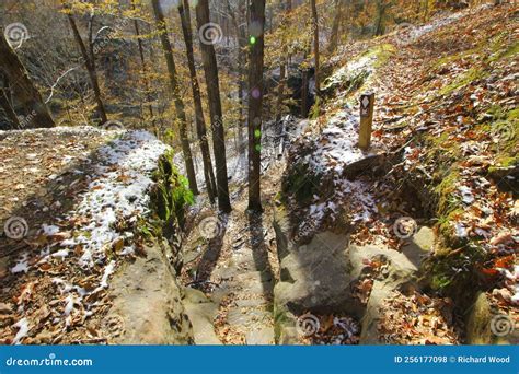 View of Hemlock Cliffs in Autumn after a Light Snow, Indiana Stock ...