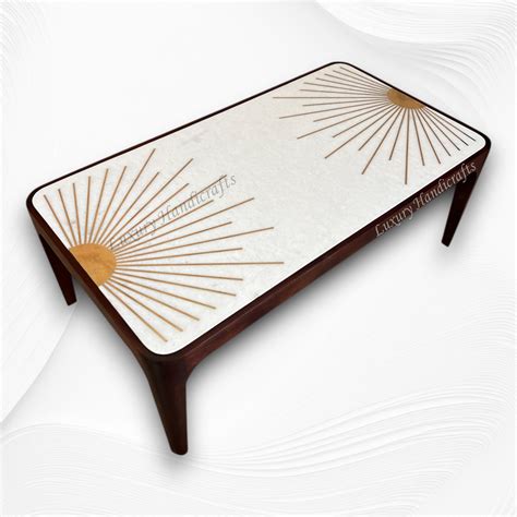 Starburst Marble Brass Inlay Rectangular Coffee Table Walnut Finish ...