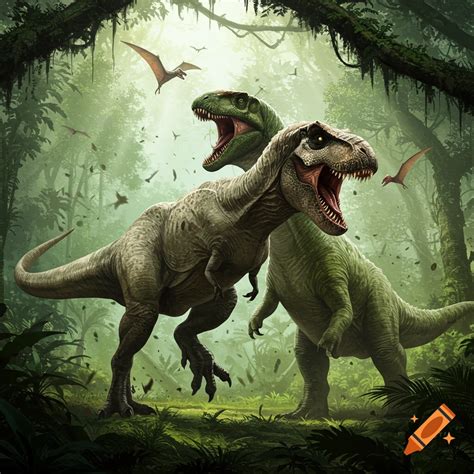 Two powerful T-Rex dinosaurs roaring fiercely in a lush, ancient jungle ...