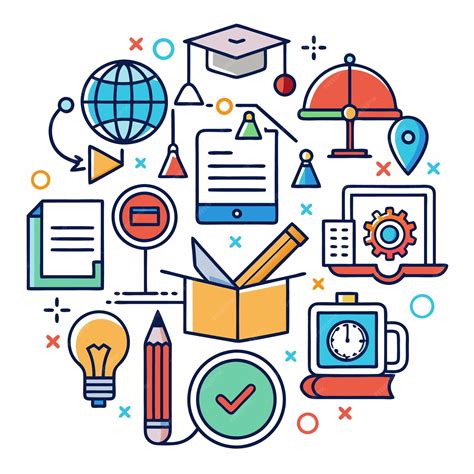Colorful line art icons with graduation cap light bulb pencil check ...