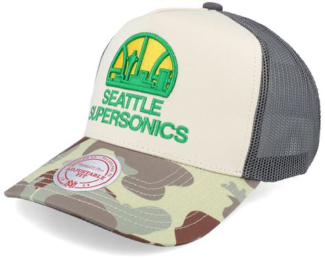 Seattle Supersonics Hidden Khaki/Camo Trucker | Hatstore.com