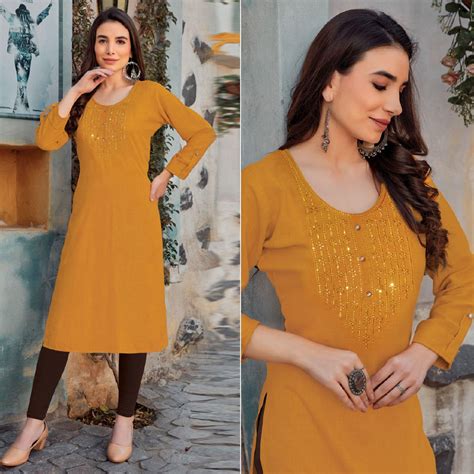 Yellow Sequins Embroidered Pure Cotton Kurti