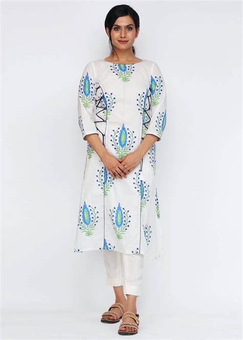 Get Handblock Printed White Princess Cut A-Line Kurta at ₹ 1799 | LBB Shop