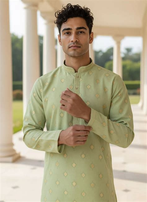 Floral Motifs Pista Coloured Cotton Kurta Pyjamas – RS Brothers