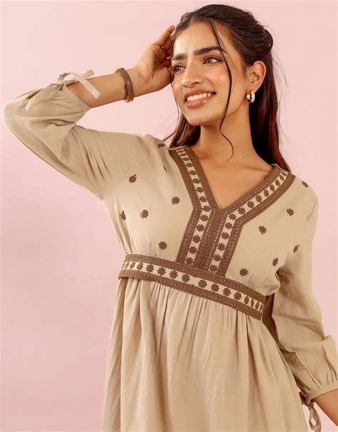 KAIA BEIGE DORI EMBROIDERED MIDI DRESS – Studio Misri