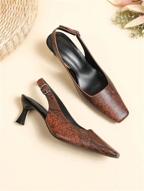 Elegant Brown Pumps For Women, Snakeskin Embossed Square Toe Pyramid ...