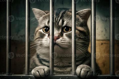 sad cat in jail sits behind a metal bars and looks at the camera ...