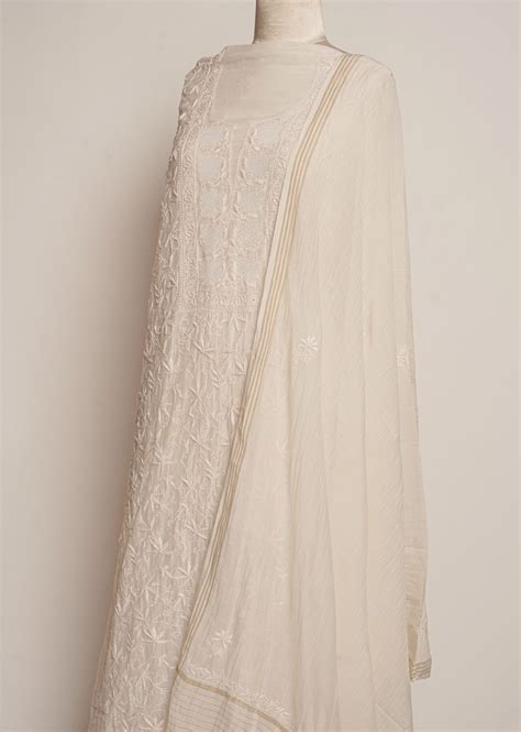 Mul Chanderi white on white jaali neckline kurta dupatta set – Banarsi ...