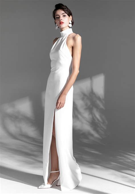 Elegant Haltered Hallowed Back Satin wedding dress thigh Split mini we | Mini wedding dresses ...