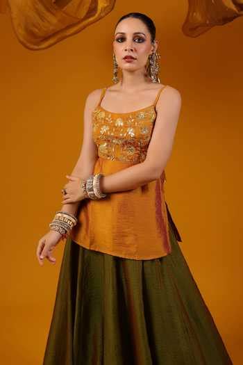Buy Green Silk Sequins, Zari, Embroidery Scoop Neck Kurta Lehenga Set ...