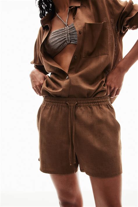 Linen-blend pull-on shorts - Brown - Ladies | H&M GB