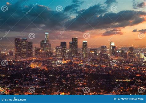 Los Angeles at Dusk in Front of a Dramatic Sunset Sky Stock Image ...