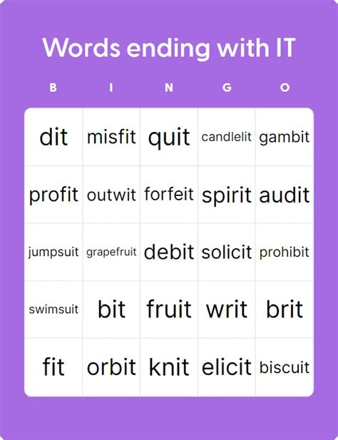 Words Ending With IT - Bingo Card Creator