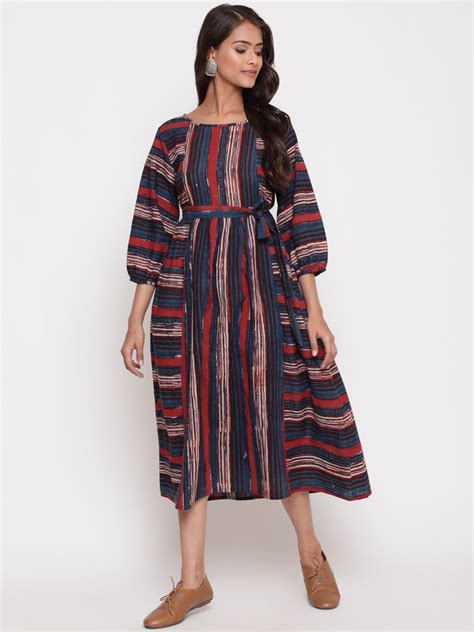 Blue Rust Cotton Striped Tie Up Designer Dress – Savi India