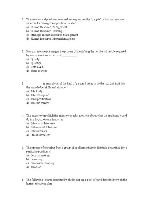 20 MCQ - MCQ on HRM - The policies and practices involved in carrying ...