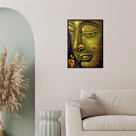 "Buddha And Devotee": Yellow Oil Painting by Ramesh Patel – ArtZolo.com