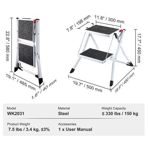 VEVOR Step Ladder 2-Step 150kg Capacity, Ergonomic Folding Steel Step ...