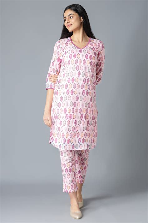 Buy Pink Floral Printed V-Neck kurta With Straight Trousers Online for ...