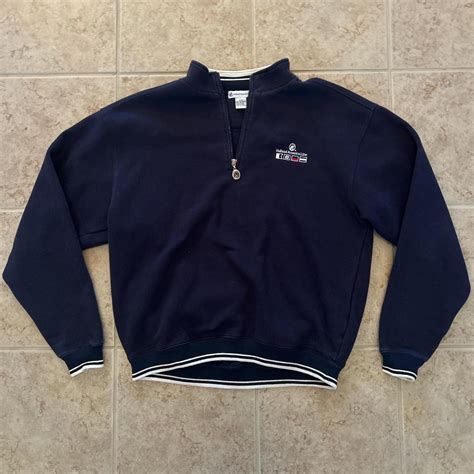 Navy blue quarter zip sweatshirt w/ white trim... | Depop
