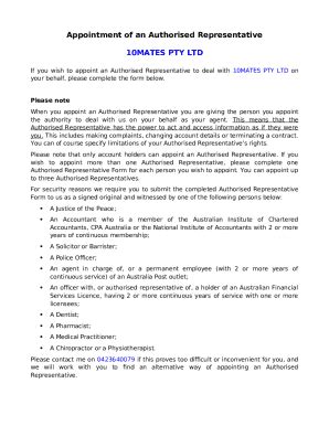 Appointment of Authorised Representative Doc Template | pdfFiller