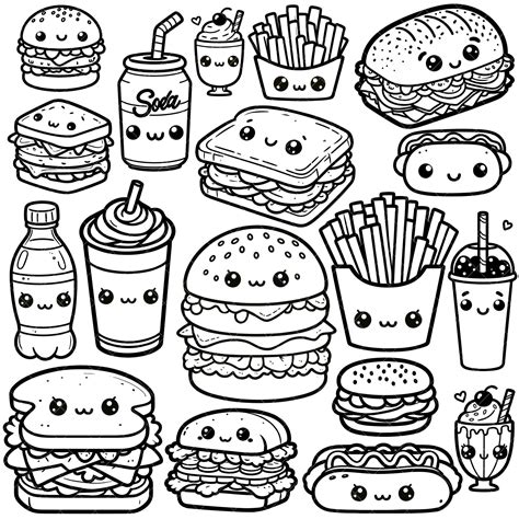 Kawaii BLACK/WHITE Fast Food PNG Bundle - Etsy | Food coloring pages ...
